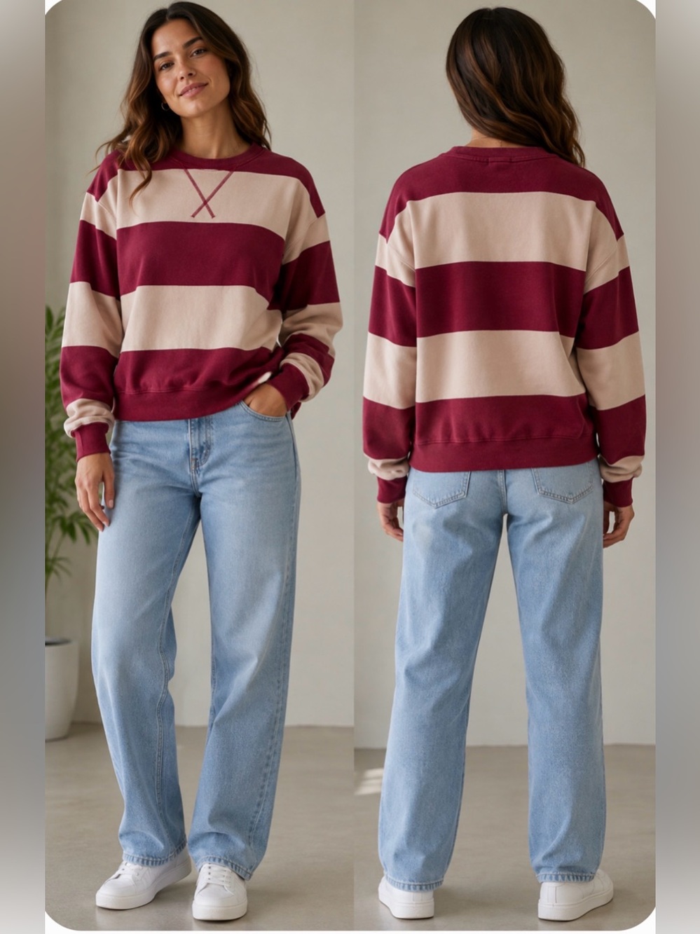 NWT Sundry Classic Striped Crewneck Sweatshirt Pink Berry Blush French Terry